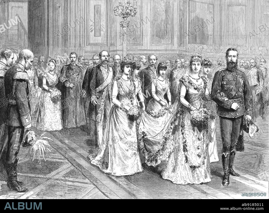''The Marriage of Princess Victoria, Daughter of the Empress Frederick, to Prince Adolphus of Schaumburg-Lippe, at Berlin; Entering the Chapel of the Schloss', 1890. From "The Graphic. An Illustrated Weekly Newspaper", Volume 42. July to December, 1890.