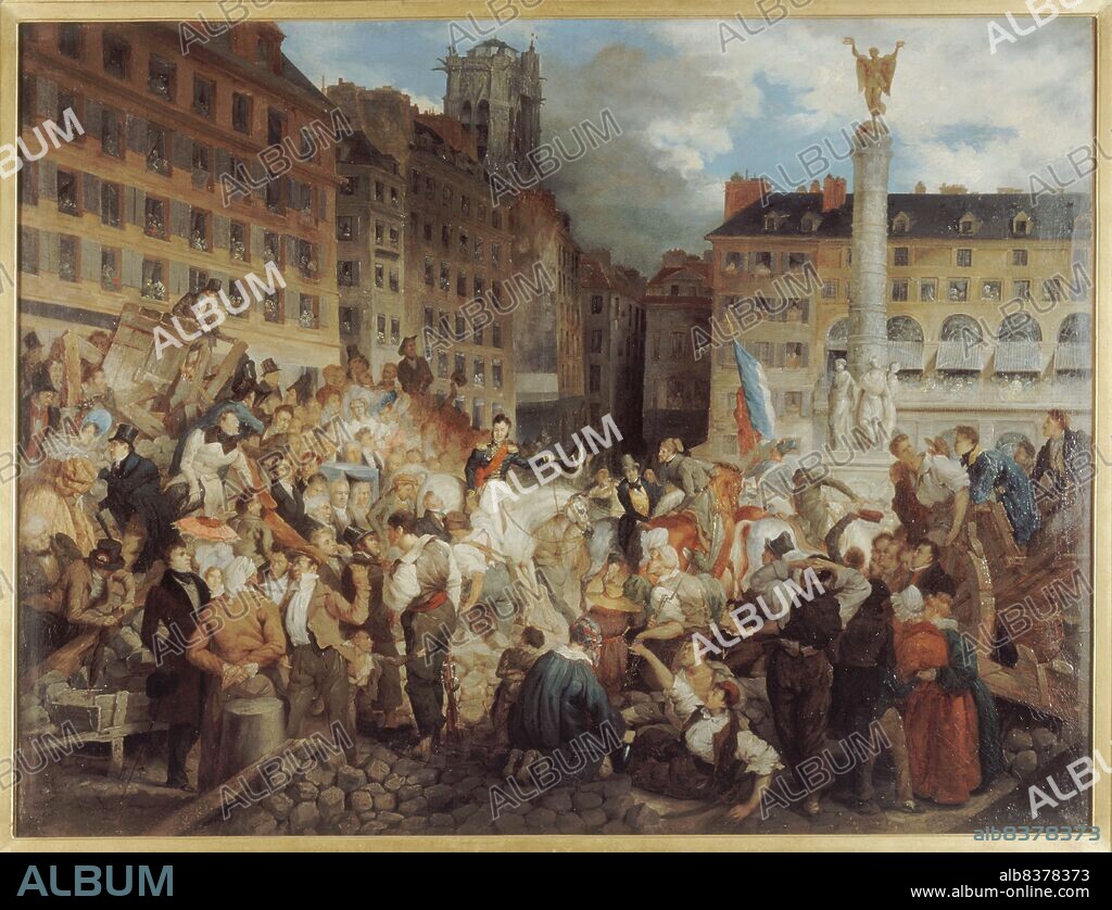 PROSPER LAFAYE. Le ducd'Orléans, se rendant à l'hôtel de ville, traverse la place du Châtelet, le 31 juillet 1830, c1830.