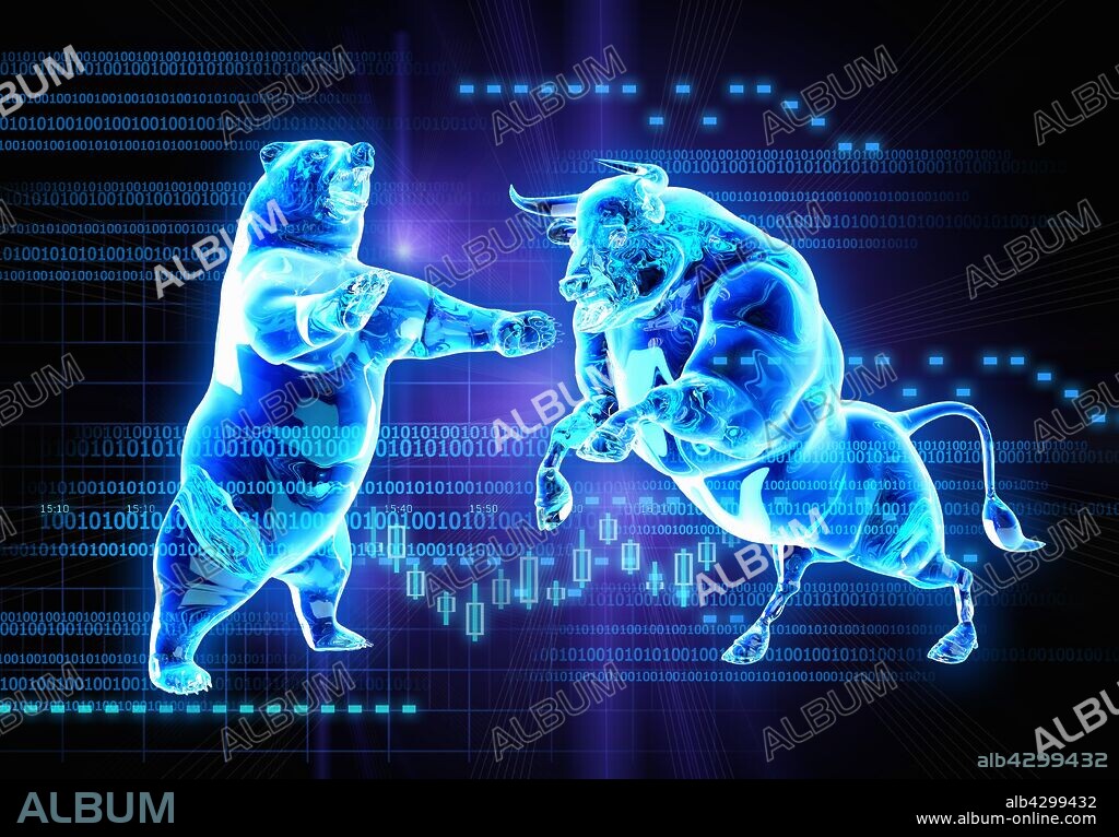 Binary code over glowing fighting bull and bear stock market symbols.