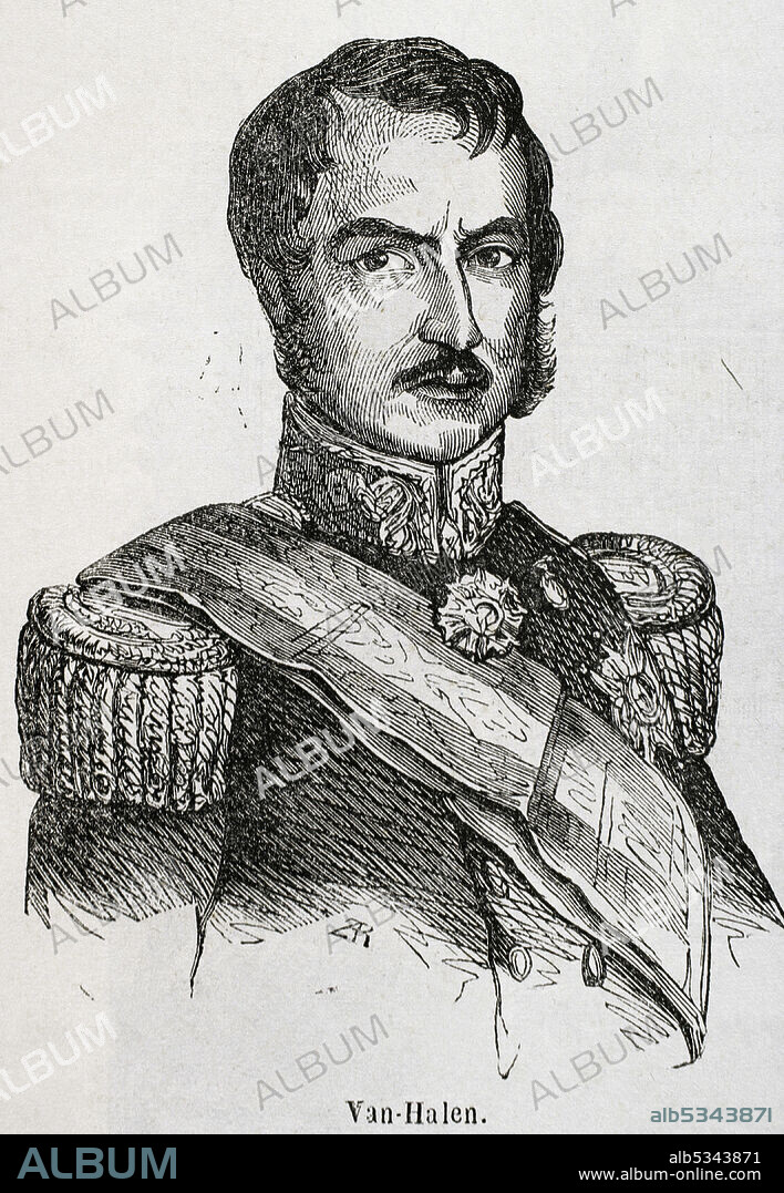 Juan van Halen y Sarti (1788-1864). Mariscal de campo del Ejército español. Participó en la Guerra de Independencia española (1808-1814) y en la Primera Guerra Carlista a partir de febrero de 1840. Retrato. Grabado. Historia General de España por el Padre Mariana. Madrid, 1853.