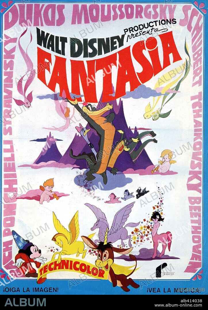 Poster of FANTASIA, 1940, directed by BEN SHARPSTEEN, FORD BEEBE, HAMILTON LUSKE, JAMES ALGAR, JIM HANDLEY, PAUL SATTERFIELD and WILFRED JACKSON. Copyright WALT DISNEY PRODUCTIONS.