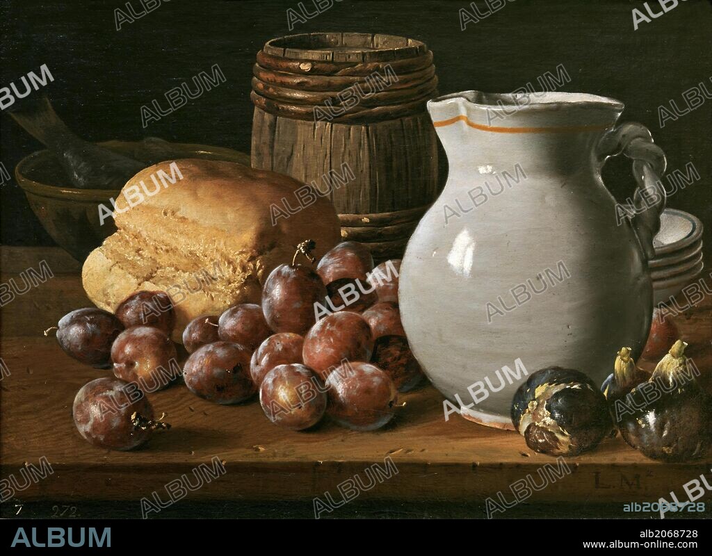 LUIS MELÉNDEZ. Luis Egidio Meléndez / 'Still Life with Plums, Figs, Bread and Fish', Late 18th century, Spanish School, Oil on canvas, 35 cm x 48 cm, P00924.