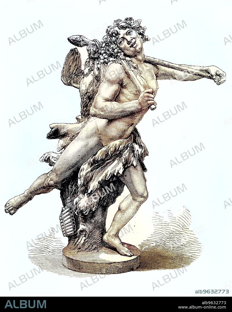 Statue of the youthful god Bacchus, god of wine, intoxication, madness and ecstasy in Greek mythology, Historical, digitally restored reproduction of an original artwork from the 19th century, exact original date unknown.