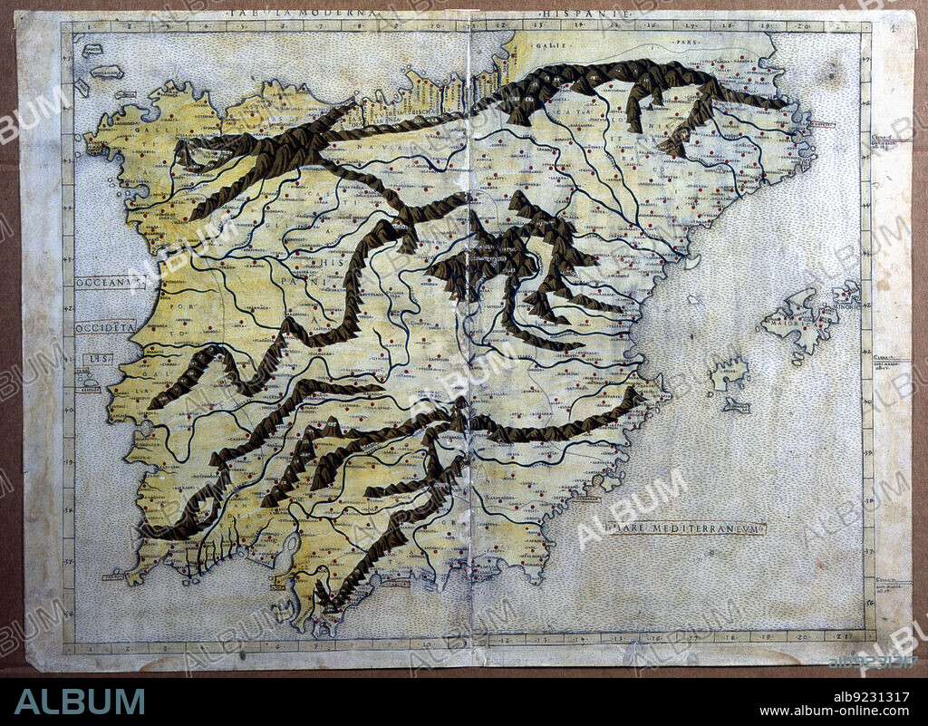 Map of Spain, underlining the mountain systems. Incunabulum. Florence, 1482.