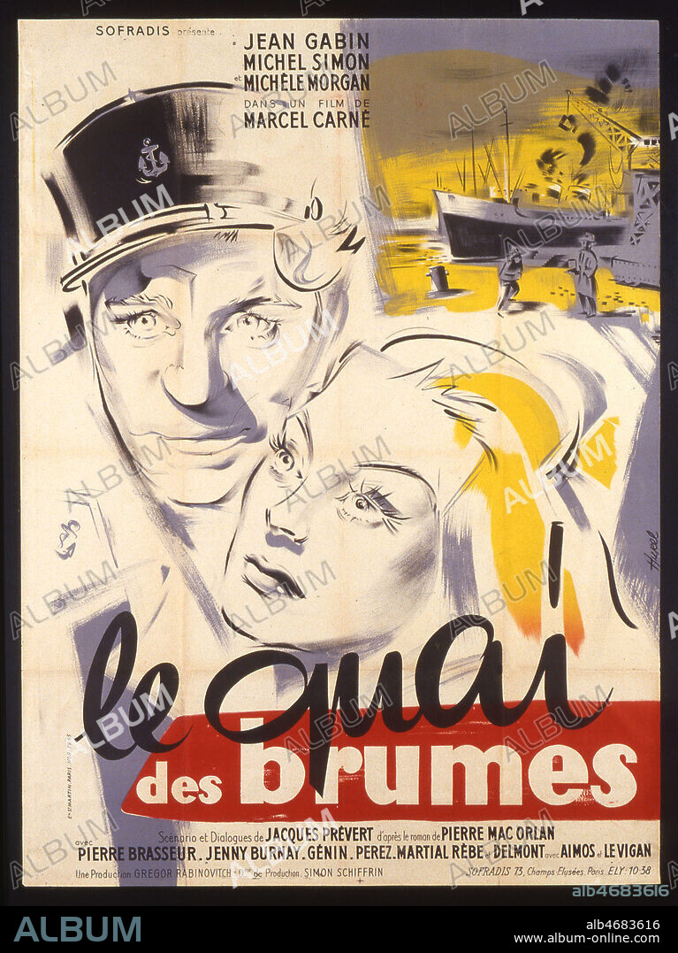 Affiche du film 'Le quai des brumes' illustree par HUREL, realise par Marcel CARNE (1909-1996) en 1938 avec Jean GABIN (1904-1976), Michel SIMON (1895-1975), Michele MORGAN (nee 1920) d'apres le roman de Pierre MAC ORLAN (1882-1970). Credit: Coll. Perron/KHARBINE-TAPABOR.