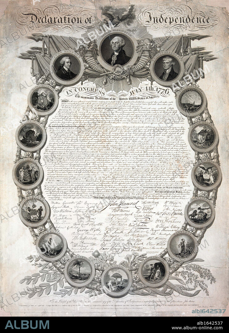 Facsimile of the original draft of the Declaration of Independence (1776) in oval frame with medallions of the thirteen original states, and portraits of John Hancock, George Washington and Thomas Jefferson. America USA 1819.