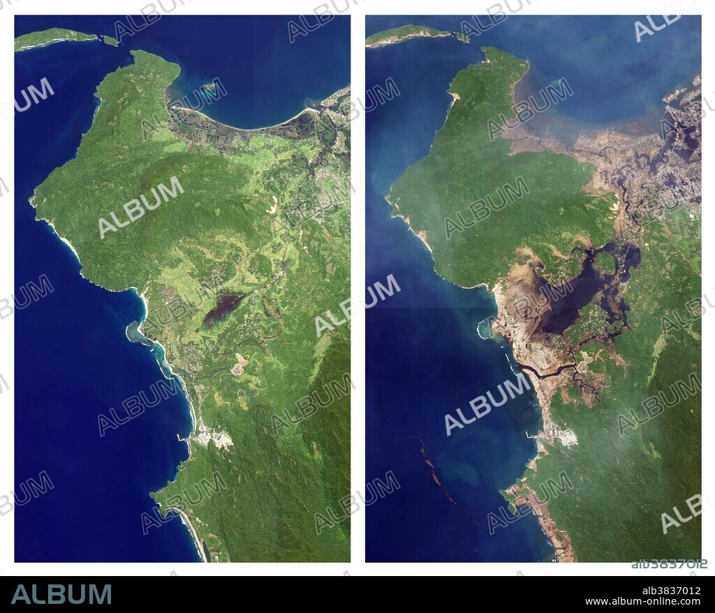 Aceh, Indonesia, before and after the southeast Asian earthquake and tsunami of December 26, 2004. The satellite image on the left is from January 10, 2003; the image on the right, showing massive devastation, is from December 29, 2004. The Indonesian province of Aceh was hit hardest by the earthquake and tsunamis. Aceh is located on the northern tip of the island of Sumatra. Early Western media attention was focused on Sri Lanka and Thailand, even though the earthquake epicenter was closer to Aceh, and the largest waves struck the northwestern coast of Sumatra. On Decemebr 29, estimates of the death toll in Indonesia were over 80,000, more than half the global total. The town of Lhoknga, on the west coast of Sumatra near the capital of Aceh, Banda Aceh, was completely destroyed by the tsunami, with the exception of the mosque in the city's center. Almost all the trees, vegetation, and buildings in the area were washed away. Behind the town, low-lying agricultural areas remained covered with water 4 days after the disaster, and sand on the nearby beaches was completely removed. The wave height might have exceeded 15 meters (50 feet) when it struck the shore. As can be seen in this image, devastation extended 225 km southeast along the Sumatran Coast, in a band up to 3 km (1.9 miles) deep.
