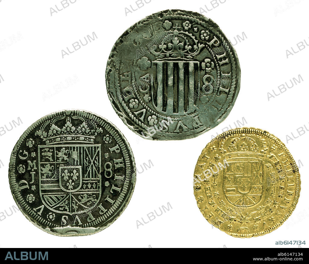 MONEDAS FELIPE V-REVERSO-IZQ-REAL DE A 8-CENTR-REAL DE A 8-DCH 8 ESCUDOS.