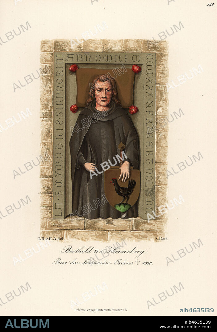 Grave effigy of Berthold VI von Henneberg, Prior of the Order of Saint John or Johanniter-Ordens, died 1330. Chromolithograph from Hefner-Alteneck's Costumes, Artworks and Appliances from the Middle Ages to the 17th Century, Frankfurt, 1889. Illustration by Dr. Jakob Heinrich von Hefner-Alteneck, lithographed by C.R. Dr. Hefner-Alteneck (1811 - 1903) was a German museum curator, archaeologist, art historian, illustrator and etcher.