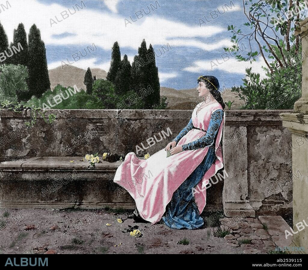 MATILDE DE CANOSSA (1046-1115), llamada la Gran Condesa o Matilde de Toscana. Noble italiana, la mayor aliada del papa Gregorio VII durante la Querella de las Investiduras. Participó en la mediación entre el citado Papa y Enrique IV en el llamado Paseo de Canossa. Poderosa señora feudal y una de las mujeres más influyentes de la Edad Media. Grabado por R. Brend'Amour. La Ilustración, 1887. Coloreado.