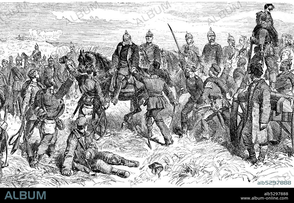 The Battle of Königgrätz was the decisive battle of the Austro-Prussian War in which the Kingdom of Prussia defeated the Austrian Empire. Schlacht bei Königgrätz, hier trafen im Deutschen Krieg die Truppen Preußens beim tschechischen Dorf Sadowa am 3. Juli 1866 auf die Armeen Österreichs und Sachsens, Digital improved reproduction of an illustration from the 19th century.