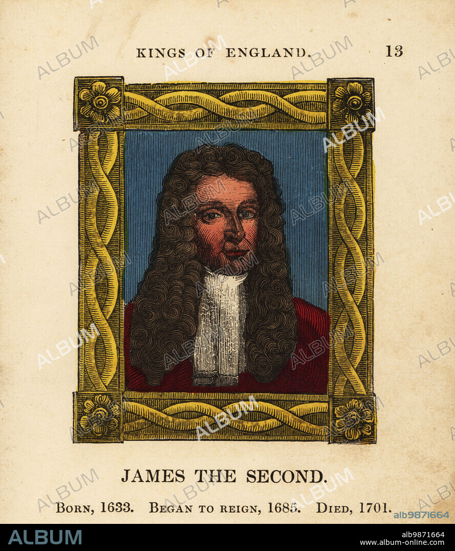 Portrait of King James the Second, James II of England, born 1633, began reign 1685 and died 1701. In lace collar, coat, wig, within ornate frame. Handcolored engraving by Cosmo Armstrong from Portraits and Characters of the Kings of England, from William the Conqueror to George the Third, John Harris, London, 1830.