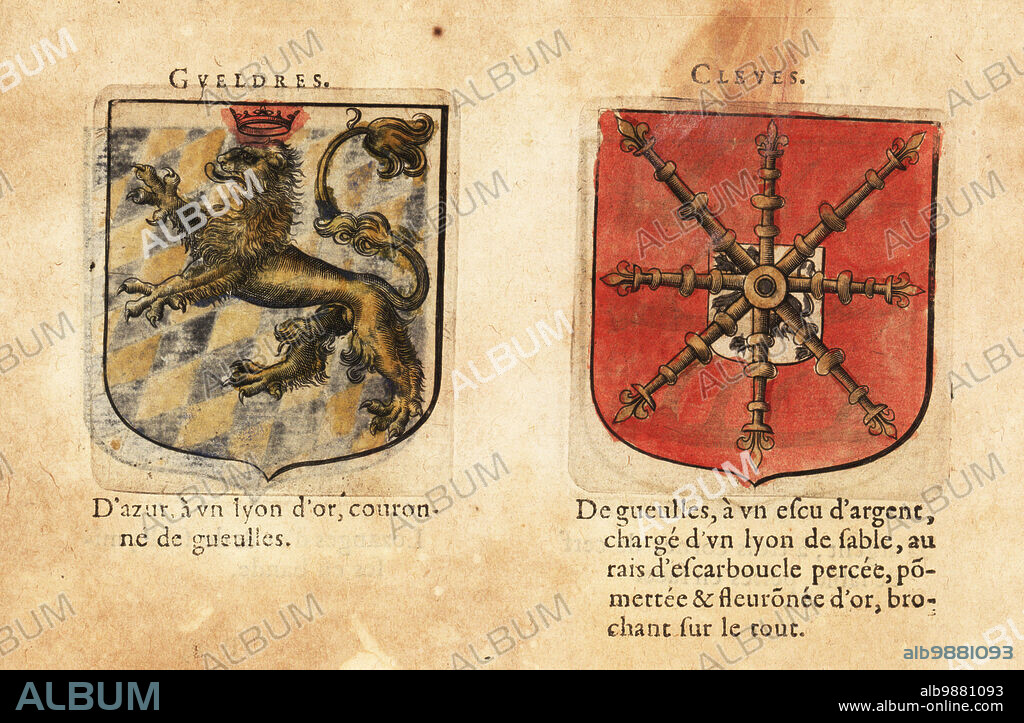 Coat of arms of the Duchy of Guelders, Low Countries, with gold lion on blue field, and the Duchy of Cleves (Kleve, Rhineland, Germany), with gold carbuncles on red field over escutcheon with black lion on silver field. Duchez: Gueldres, Cleves. Handcoloured woodblock engraving from Hierosme de Baras Le Blason des Armoiries, Chez Rolet Boutonne, Paris, 1628.