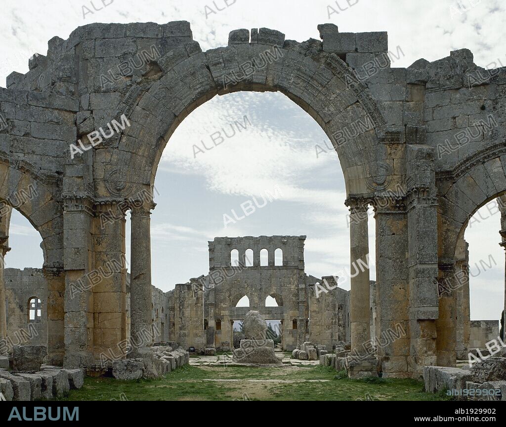 Church of Saint Simeon Stylites. It was built on the site of the pillar of St. Simeon Stylites. Byzantine style. The courtyard is octagonal and it is bordered by four basilicas in the shape of a rood-tree and described as a four-basilica church. Mount Simeon. Aleppo. Syria. Historical Photography (before the Syrian Civil War).