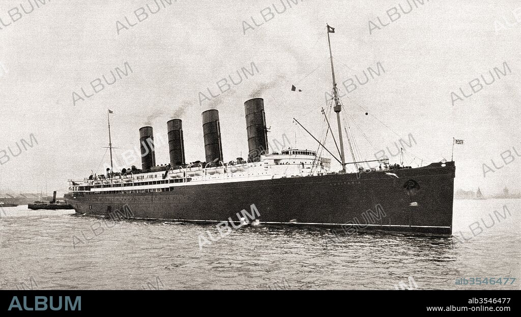 RMS Lusitania Cunard Line ocean liner, torpedoed and sunk by a German submarine in 1915, during World War One. From The Illustrated War News, published 1915.