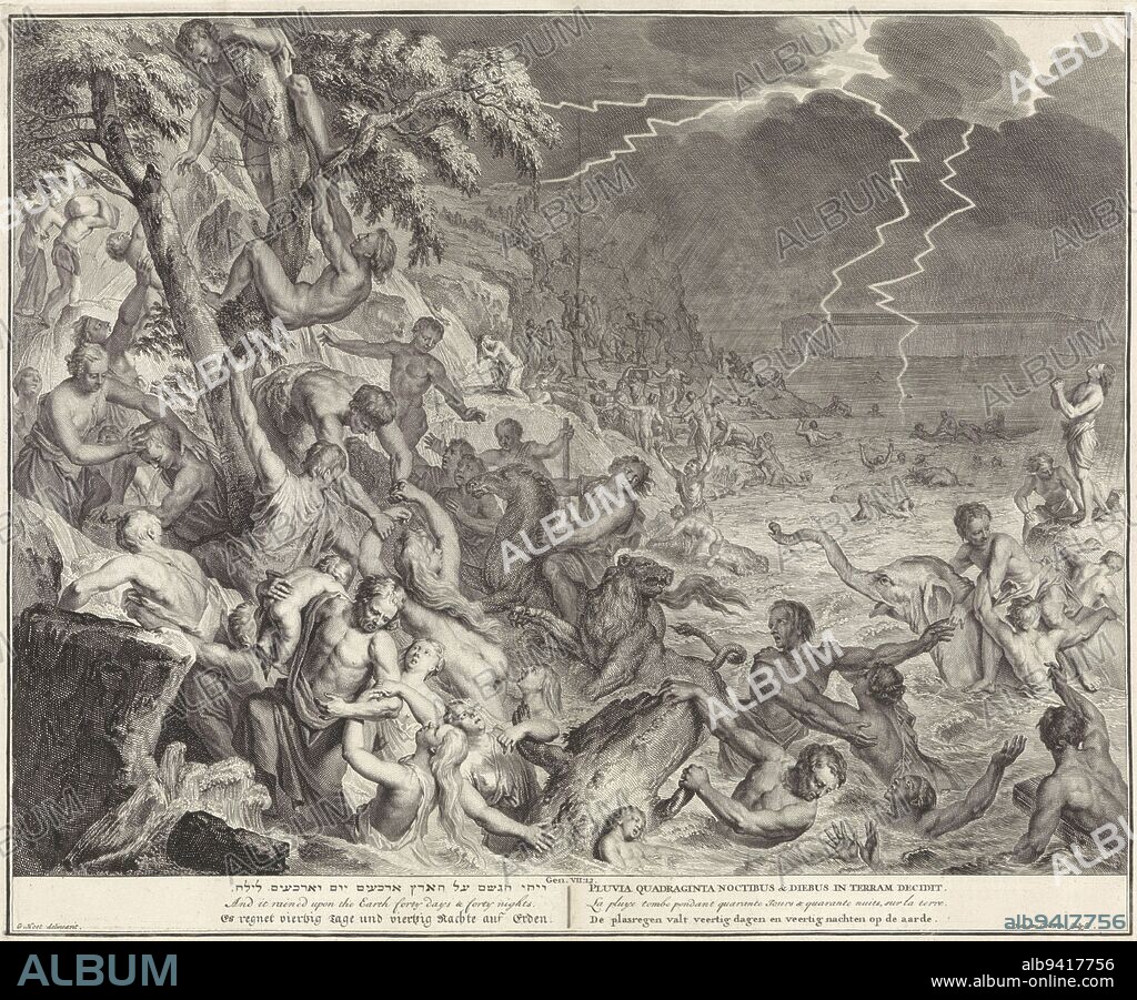 Destruction of mankind by the Flood, Gilliam van der Gouwen, after Gerard Hoet (I), 1728, Men, women and animals attempt to escape the rising waters of the Flood. In the background, on the right, Noah's ark. In the sky, dark thunderclouds and lightning. The print has a Latin caption. (Gen. 7:12). The print has a Hebrew, Latin, French, English, German and Dutch caption., print maker: Gilliam van der Gouwen, (mentioned on object), intermediary draughtsman: Gerard Hoet (I), (mentioned on object), publisher: Pieter de Hondt, print maker: Amsterdam, publisher: The Hague, 1728, paper, etching, engraving, w 435 mm × h 353 mm.