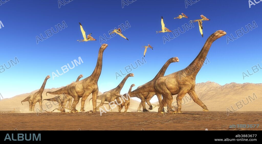 A flock of Thalassodromeus reptiles fly over a herd of Brontomerus dinosaurs crossing a desert area.