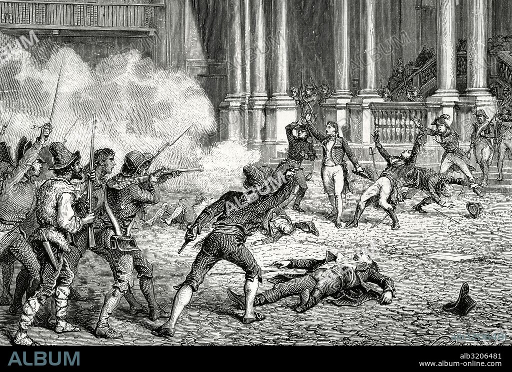 Leonardo Duphot (1770-1797). General francés. "Muerte de Duphot en un tumulto por los soldados pontificios el 28 de diciembre de 1798". Grabado por F. Philippoleau. Historia de la Revolución Francesa, 1875.