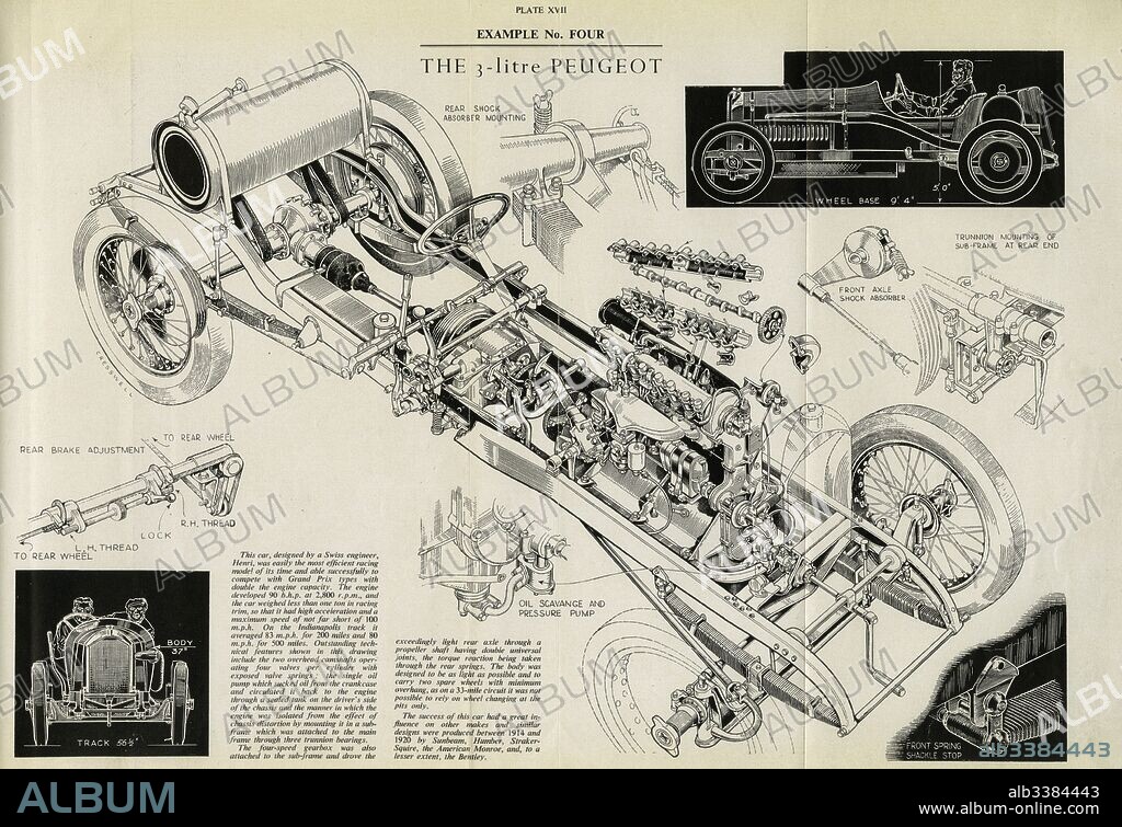 The 3 litre Peugeot, drawing of the vehicle chassis and engine.