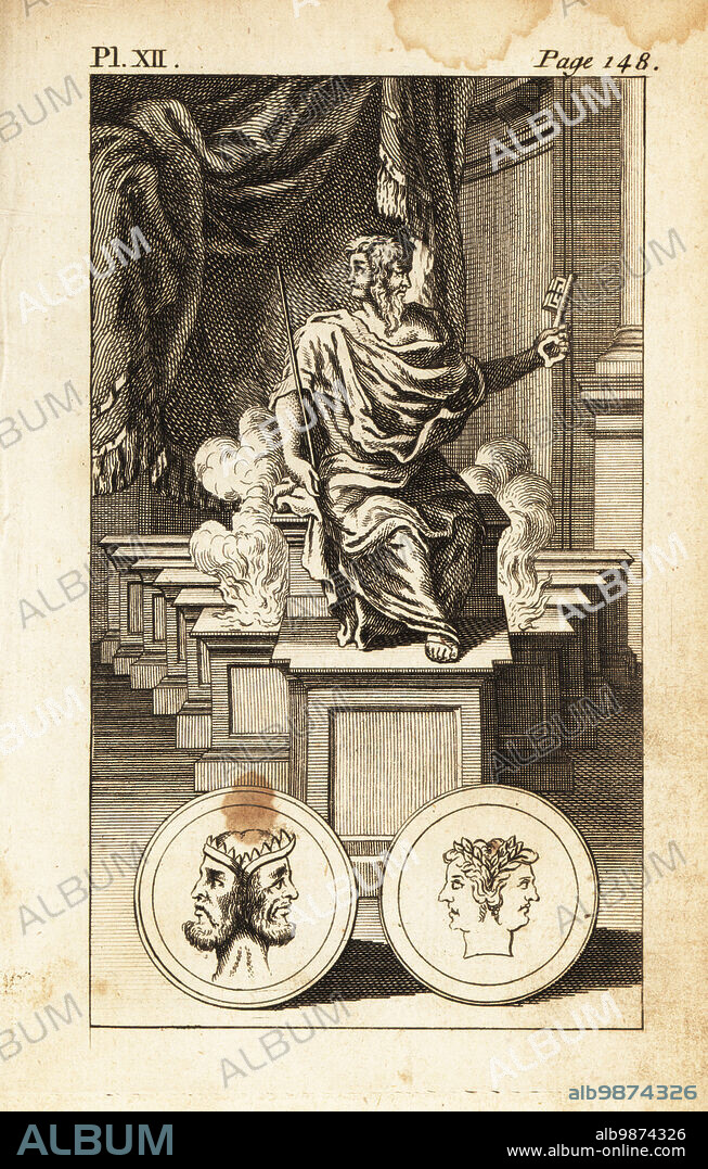 Janus, the two-faced Roman god of beginnings, gates, time and change. He is shown seated on a plinth with key and sceptre in front of an altar. Copperplate engraving from Andrew Tookes The Pantheon, Representing the Fabulous Histories of the Heathen Gods, London, 1757.