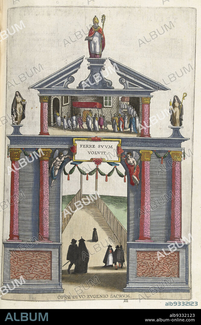 Small triumph gate in honor of St. Eugenius, 1599, Opus divo Eugenio sacrum (title on object), Small triumph gate in honor of St. Eugenius, December 1599. Triumphal gate decorated a representation of the burial of Saint Eugenius and with various statues of saints. During the entry into Antwerp. Part of: Historica narratio profectionis et inaugurationis serenissimorum Belgii principum Alberti et Isabellae Austriae archiducum, the description of the couple's entries at Brussels, Antwerp, Ghent and Valenciennes, 1599., print maker: anonymous, publisher: Johannes Moretus (I), print maker: Southern Netherlands, publisher: Antwerp, 1599, paper, engraving, height 330 mm × width 216 mm.