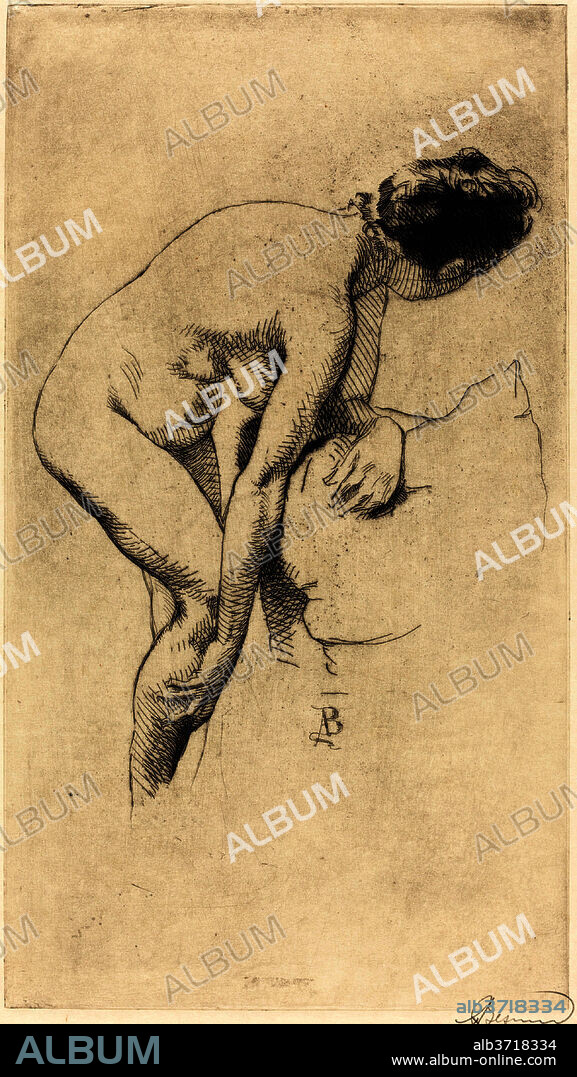 ALBERT BESNARD. Nude Holding Her Leg (Femme nue se tenant la jambe). Dated: 1886. Dimensions: plate: 28.6 x 16 cm (11 1/4 x 6 5/16 in.)  sheet: 32 x 19.5 cm (12 5/8 x 7 11/16 in.). Medium: etching in black on wove paper.