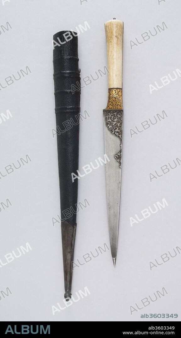 Dagger (Kard) with Sheath. Culture: Persian, Qajar. Dimensions: L. with sheath 19 11/16 in. (50 cm); L. without sheath 15 7/16 in. (39.2 cm); W. 1 1/4 in. (3.2 cm); Wt. 14.8 oz. (419.6 g); Wt. of sheath 3.5 oz. (99.2 g). Date: ca. 1800.
A <i>kard</i> is defined as a straight, single-edged dagger that is worn on the left side of the belt. Unlike most daggers, in which the narrow tang attached to the blade fits into a handle, the blades of these daggers are made with a flat steel tang of the same width as the blade. Two ivory pieces were fitted into and riveted to either side of the tang to form the handle. This example resembles a number of early nineteenth-century Iranian <i>kards</i> that have ivory hilts and watered steel blades with floral arabesque ornamentation. The hilt of this particular dagger has also been decorated with metal bands bearing a gold vegetal design. This example is so similar to one signed by the maker, Muhammad Nami, and dated 1799/1800 (located in Bern), that both can be assumed to come from the same workshop.