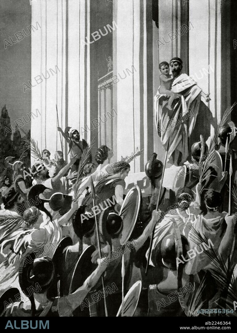 Lycurgus of Sparta (820-730 BC). Legendary lawgiver of Sparta. Spartans look to their king. Engraving by William Spencer Bagdatopoulos (1888-1965). Signed W.S. Bylityilis.