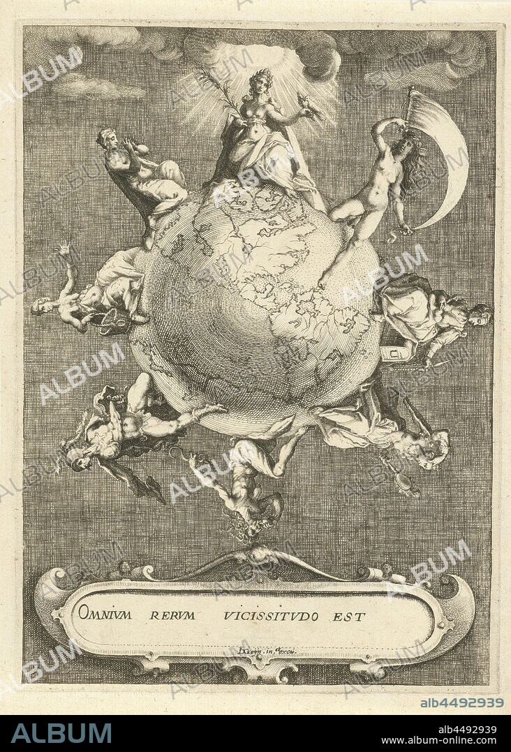 Omnium rerum Vicissitudo est (title on object) The fortunes of life (series title), Globe in which the virtues and vices that appear separately in the series in round circle: From right to left : Fortitudo, Wealth, Superbia, Invidia, War, Poverty and Faith. In the upper center is Peace. Above her head a wreath of clouds through which divine light shines on her. Bottom center a cartouche with the title. Nr. 9 of series of virtues and vices that determine the fortunes of human life, Vicissitudes of Life, symbols, allegories of peace, 'Pax', 'Pace' (Ripa), Luck, Fortune, Lot, 'Fato', 'Fortuna', 'Fortuna aurea', 'Fortuna buona', 'Fortuna pacifica overo clemente', 'Sorte' (Ripa), Pride, 'Superbia' (Ripa), personification of one of the Seven Deadly Sins, Envy, 'Invidia' (Ripa), Anger, 'Ira' (Ripa), Lust, Luxury, 'Luxuria', 'Lussuria' (Ripa), personification of one of the Deadly Sins, Sloth, Indolence, 'Acedia', 'Desidia', 'Accidia' (Ripa), Faith, 'Fides', 'Fede', 'Fede catholica', 'Fede christiana', 'Fede christiana catholica' (Ripa), one of the Three Theological Virtues, globe, Zacharias Dolendo, Leiden, c. 1596 - c. 1597, paper, engraving, h 230 mm × w 167 mm.