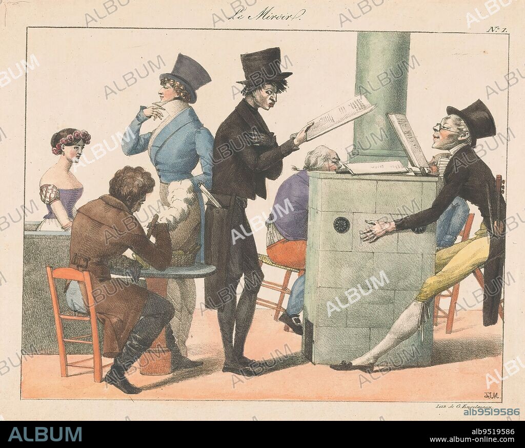Men reading the newspaper around a stove, Le miroir (title on object), Around a stove are two men reading the newspaper. The one on the right has a violin with bow in his coat pocket. A man is sitting at a table smoking a cigar. In the background three more men and a woman. Numbered in the upper right: No. 1., print maker: Monogrammist JJM, (mentioned on object), printer: Gottfried Engelmann, 1816 - 1839, paper, height 265 mm × width 389 mm.