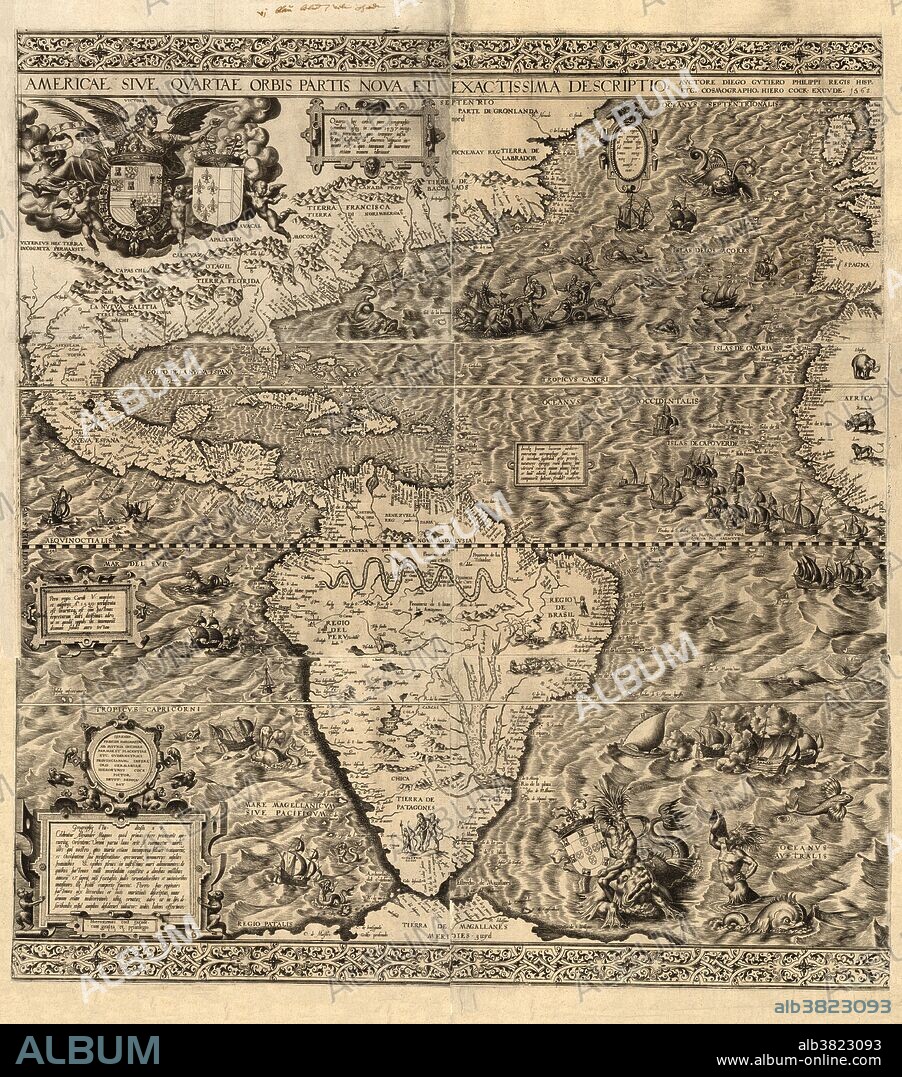 Spanish America. Map of America produced by the Spanish cartographer Diego Gutierrez in 1562. Only two copies of this map are known to exist, one in the US Library of Congress, and one in the British Library. Numerous illustrations show land and sea animals, ships, South American natives, a Mexican volcano, South American rivers (Amazon and Parana) and mountain ranges. The map shows Spanish domains following a 1559 treaty between Spain and France (their coats of arms are both at top left, Spain at left; Portugal's is at lower right). Next to France's coat of arms is a note that says Americus Vespucius discovered America in 1497. The map was engraved by the Flemish artist Hieronymous Cock.