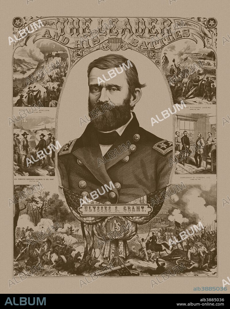 Vintage Civil War poster of General Ulysses S. Grant wearing his military uniform. He is surrounded by scenes of battle he participated in during the Civil War. Scenes depicted are, the Capture of Fort Donelson, The Battle of Pittsburg Landing, The surrender at Vicksburg, the Surrender of General Lee, The Battle of Richmond, and The Battle of the Wilderness. It reads, The Leader And His Battles, Ulysses S. Grant Lieutenant General U.S.A..