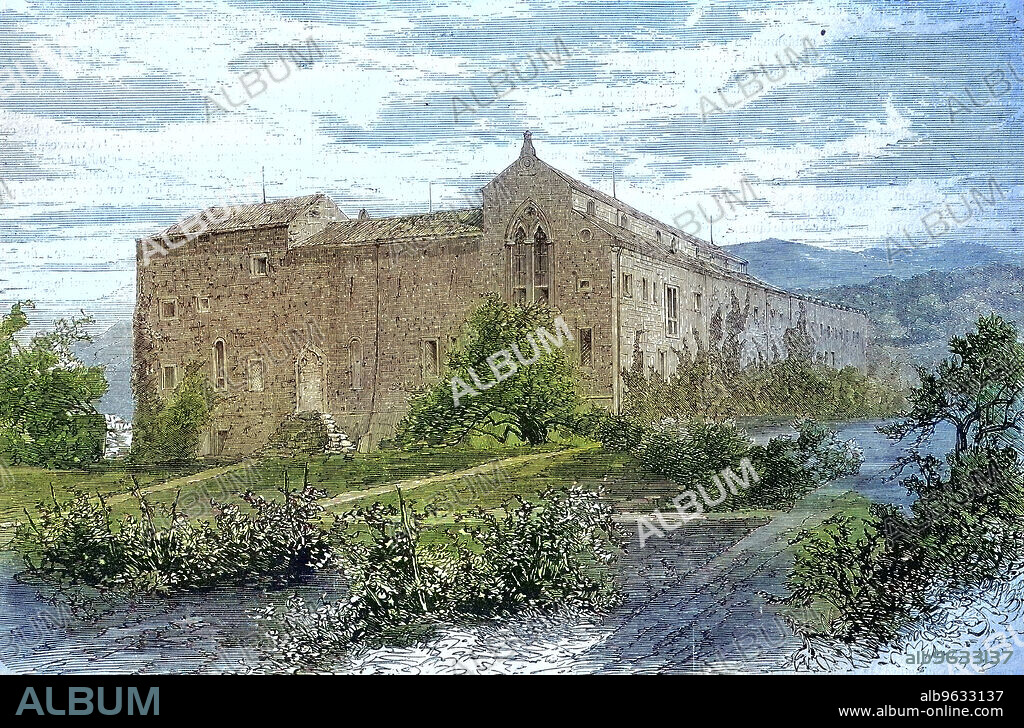 The former monastery of Lacroma, Lokrum, was rebuilt into a castle by Archduke Maximilian of Habsburg, 1869, Croatia, Historical, digitally restored reproduction of an original artwork from the 19th century, exact original date unknown.