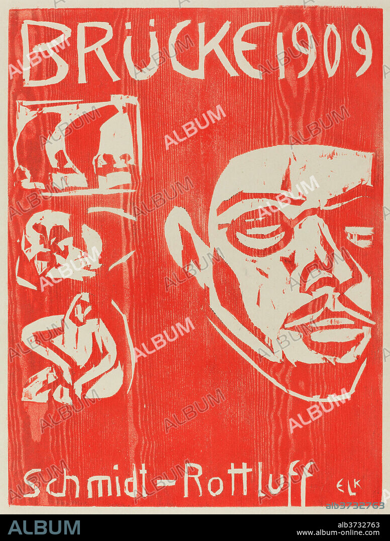 ERNST LUDWIG KIRCHNER. Cover of the Fourth Yearbook of the Artist Group the Brucke. Dated: 1909. Medium: woodcut in red.