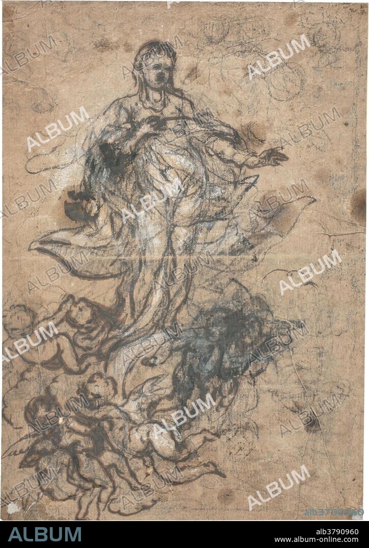 Claudio Coello / 'La Inmaculada Concepción / Apuntes para una Inmaculada y un San Ignacio de Loyola'. Segunda mitad del siglo XVII. Carboncillo, Clarión, Pluma sobre papel oscuro, 253 x 177 mm.
