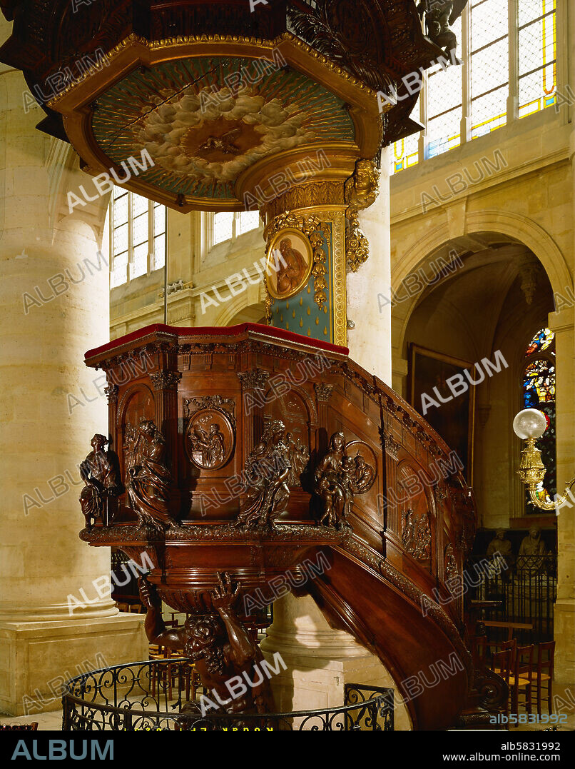 St. Etienne du Mont, pulpit by sculptor G. Pilon, 1651. Holding the pulpit is Samson with a donkey's jawbone; Figures after drawings by Laurent de La Hyre are Prudence, Justice, Temperance, Strength and Charity. A blessing Christ in the background.