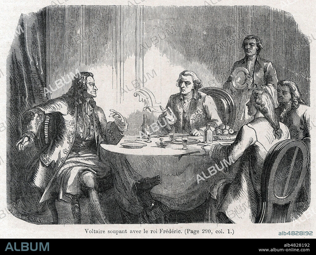 VOLTAIRE (1694-1778) soupant avec FREDERIC II (1712-1786). Illustration vers 1880 par E. PARMENTIER (19 s.) pour Le Livre d'or des Peuples. Credit: Collection Grob/KHARBINE-TAPABOR.