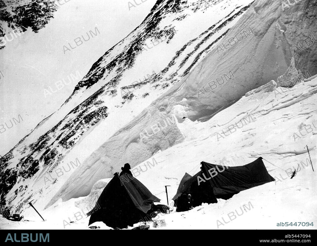 British Everest 1953 Expedition -- One of the advanced camps when the first assault party consisting of Everest and Bourdillon with support consisting of Hunt, and Sherpa Da Namgyal and Balu and Tensing were on their way to the South Col. June 19, 1953.