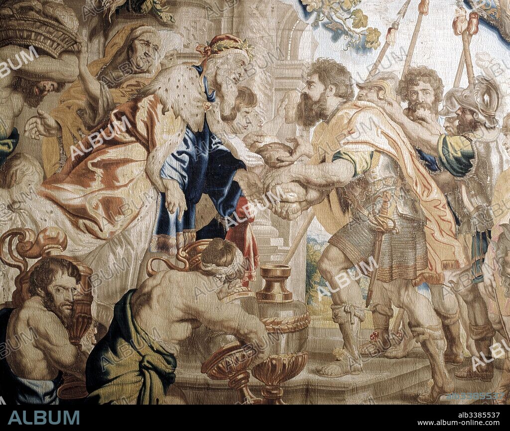 ABRAHAM. PATRIARCA HEBREO. TAPIZ TEJIDO EN BRUSELAS CON CARTONES DE PEDRO PABLO RUBENS. ABRAHAM OFRECIENDO EL DIEZMO A MELCHISEDECH , REY DE SALEM.. MONASTERIO DE LA DESCALZAS REALES. MADRID.