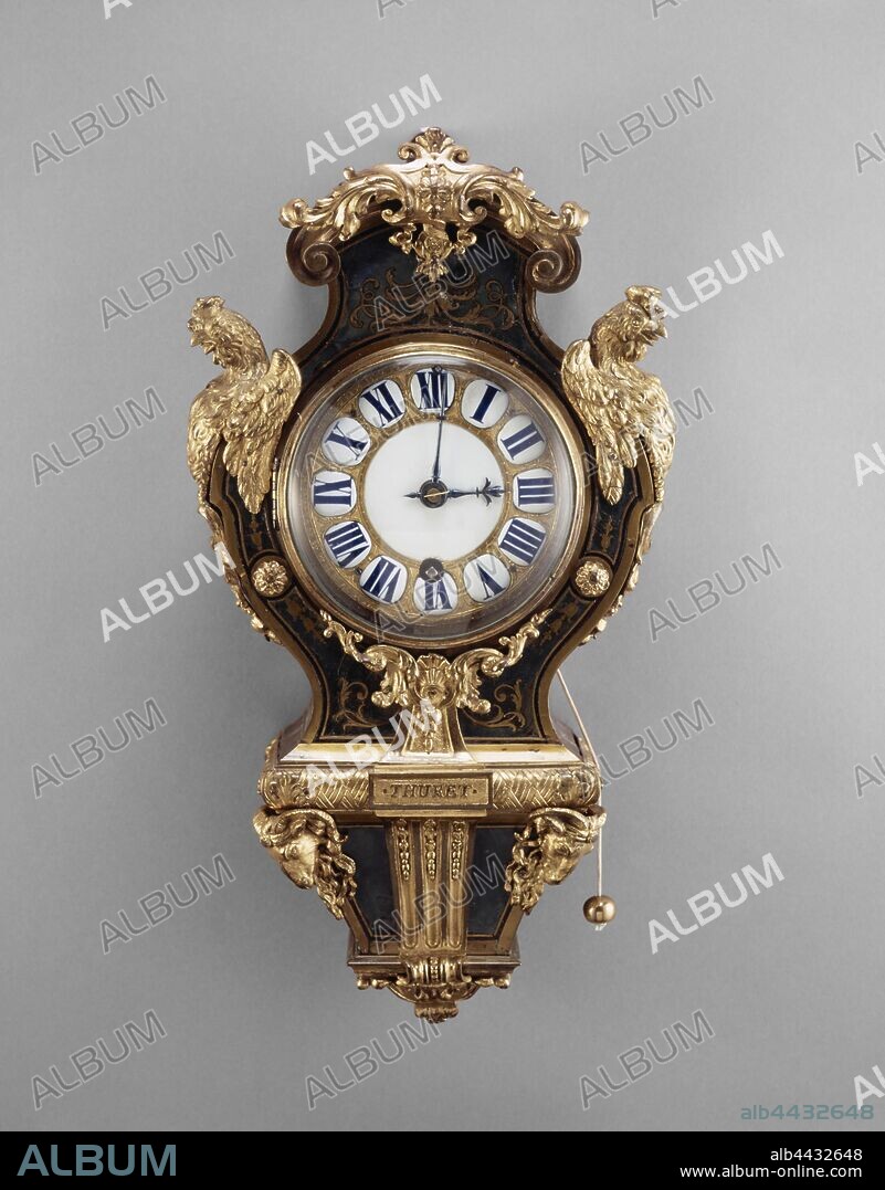 Wall clock, Case attributed to André-Charles Boulle (French, 1642 - 1732, master before 1666), after design by Gilles-Marie Oppenord (French, 1672 - 1742), Movement by Jacques Thuret (French, 1669 - 1738), Paris, France, about 1715–1725, Oak veneered with horn and brass, gilt-bronze mounts, enameled metal, glass, 41.9 × 22.9 × 10.2 cm (16 1/2 × 9 × 4 in.).