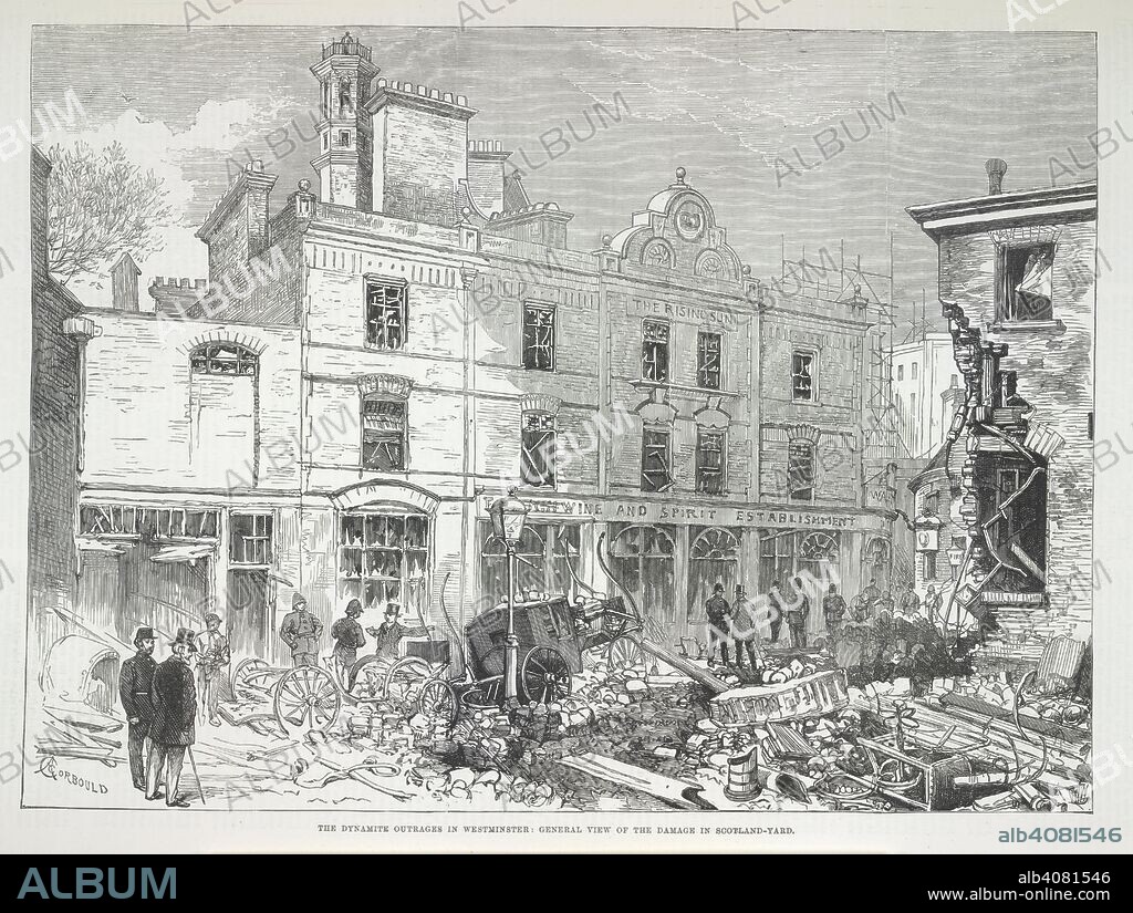 Great Scotland Yard explosion. Illustrated London News. London, June 7th, 1884. The dynamite outrages in Westminster: General view of the damage in Scotland-Yard'. Newspaper report on the bomb attack by the Irish-American group, Clan-na-Gael, which demolished the detectives' office, Special (Irish) branch, Scotland-Yard, on 30th May, 1884.  Image taken from Illustrated London News.  Originally published/produced in London, June 7th, 1884. . Source: P.P.7611 volume 84, 545. Language: English.