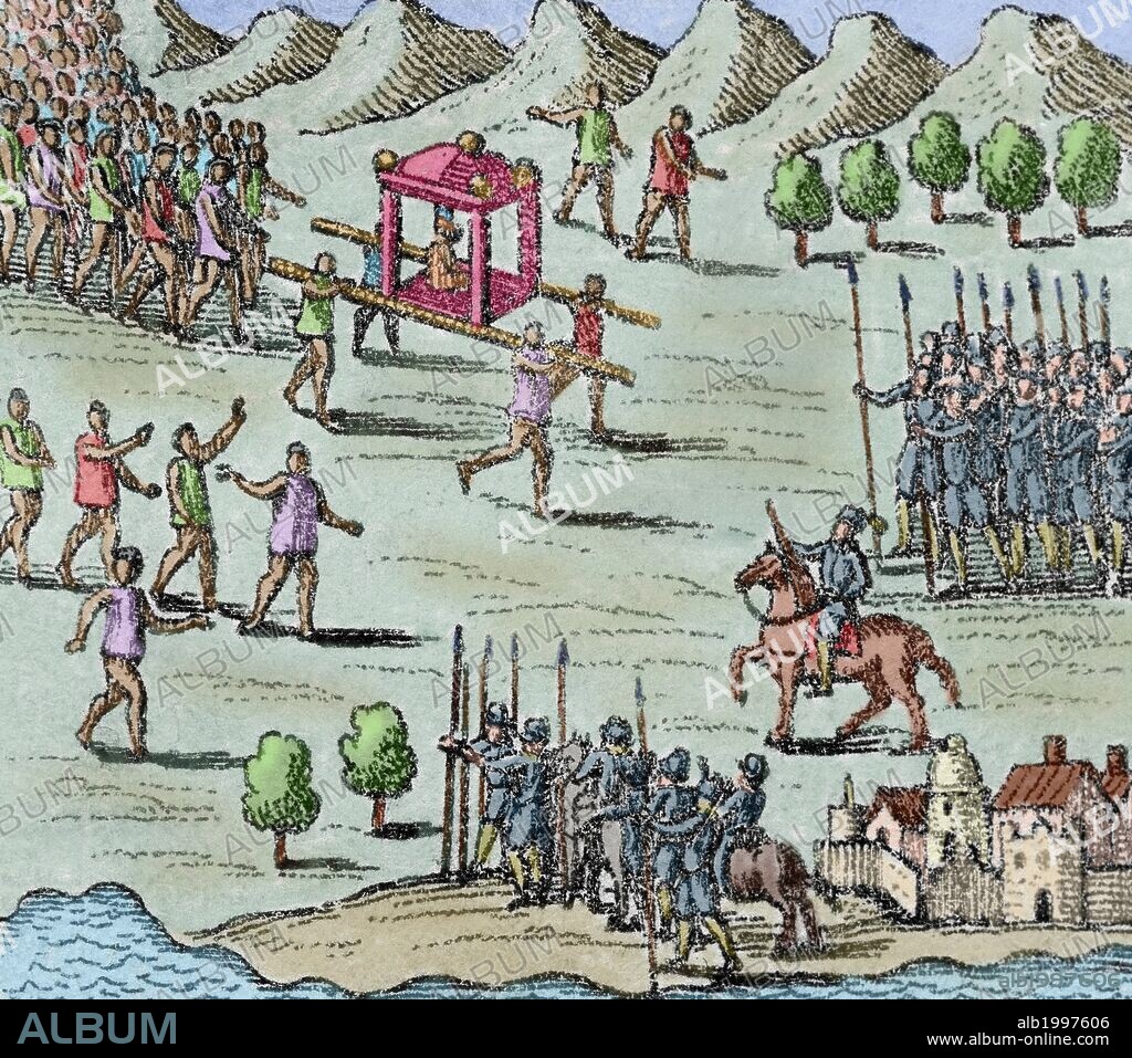 CONQUISTA DE MEXICO. SIGLO XVI. "EL REY DE MICHOACAN VISITA A HERNAN CORTES". En el siglo XII, Michoacán ye estaba habitada de indios tabascos. "... y de parte del señor de dicha provincia que se dice Calcucin, me dieron para vuestra majestad un presente de rodelas de plata, y otras muchas cosas que se entregaron al tesoro de vuestra majestad". "Tercera Carta-Relación de Hernán Cortés, 15 de mayo de 1522". Grabado coloreado del siglo XVIII.