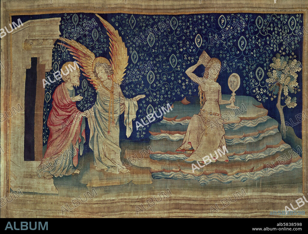 NICOLAS BATAILLE. Apocalypse d'Angers,1373-1387,a series of tapestries woven for Louis I.,Duke of Anjou. The Great Whore of Babylon (Revelations 17: 3-6).