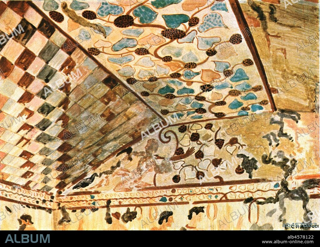 Mural painting in the Tomb with the Banquet (Tomba del Triclinio), Tarquinia, Italy, (1928). Etruscan burial chamber, 'About 500 B.C...Left corner'. After a water-colour by L. Cartocci. Plate XXIII, fig 60, from "An Encyclopaedia of Colour Decoration from the Earliest Times to the Middle of the XIXth Century" with explanatory text by Helmuth Bossert. [Ernst Wasmuth Ltd., Berlin, 1928].