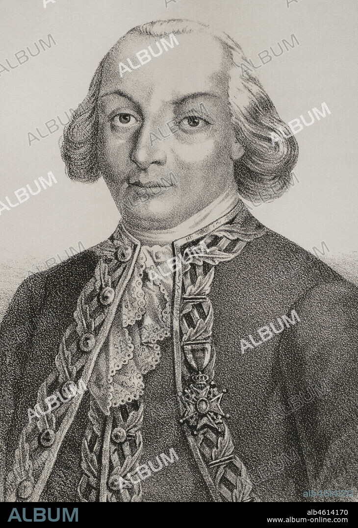 Bernardo de Gálvez (Bernardo de Gálvez y Madrid) (1746-1786), I conde de Gálvez. Teniente general y virrey de Nueva España (17 de junio de 1785 al 30 de noviembre de 1786). Retrato. Litografía. Crónica General de España, Historia Ilustrada y Descriptiva de sus Provincias. Las Antillas, 1871.