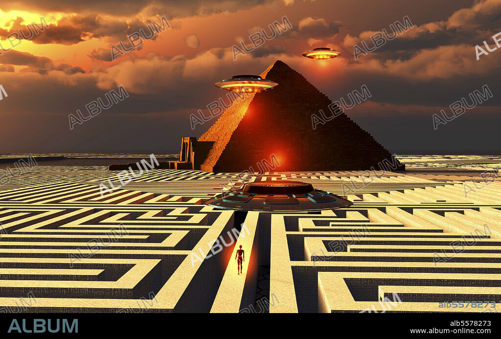 Aliens visiting an ancient Egyptian pyramid maze.