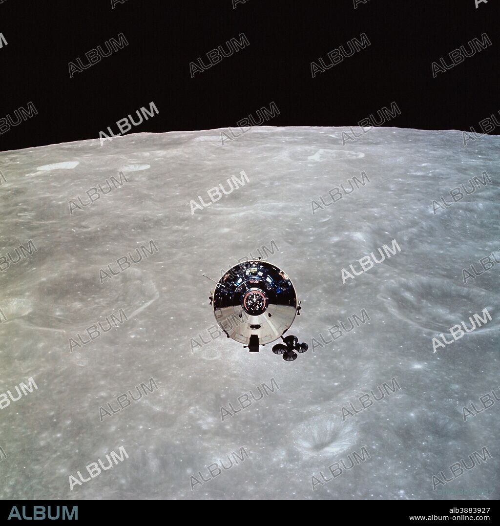 May 22, 1969 - The Apollo 10 Command and Service Modules (CSM) are photographed from the Lunar Module (LM) after CSM/LM separation in lunar orbit. The CSM was about 175 statute miles east of Smyth's Sea and was above the rough terrain which is typical of the lunar farside. The eastward oblique view of the lunar surface is centered near 105 degrees east longitude and 1 degree north latitude. The horizon is approximately 600 kilometers (374 statute miles) away. Numerous bright craters and the absence of shadows show that the sun was almost directly overhead when this photograph was taken.