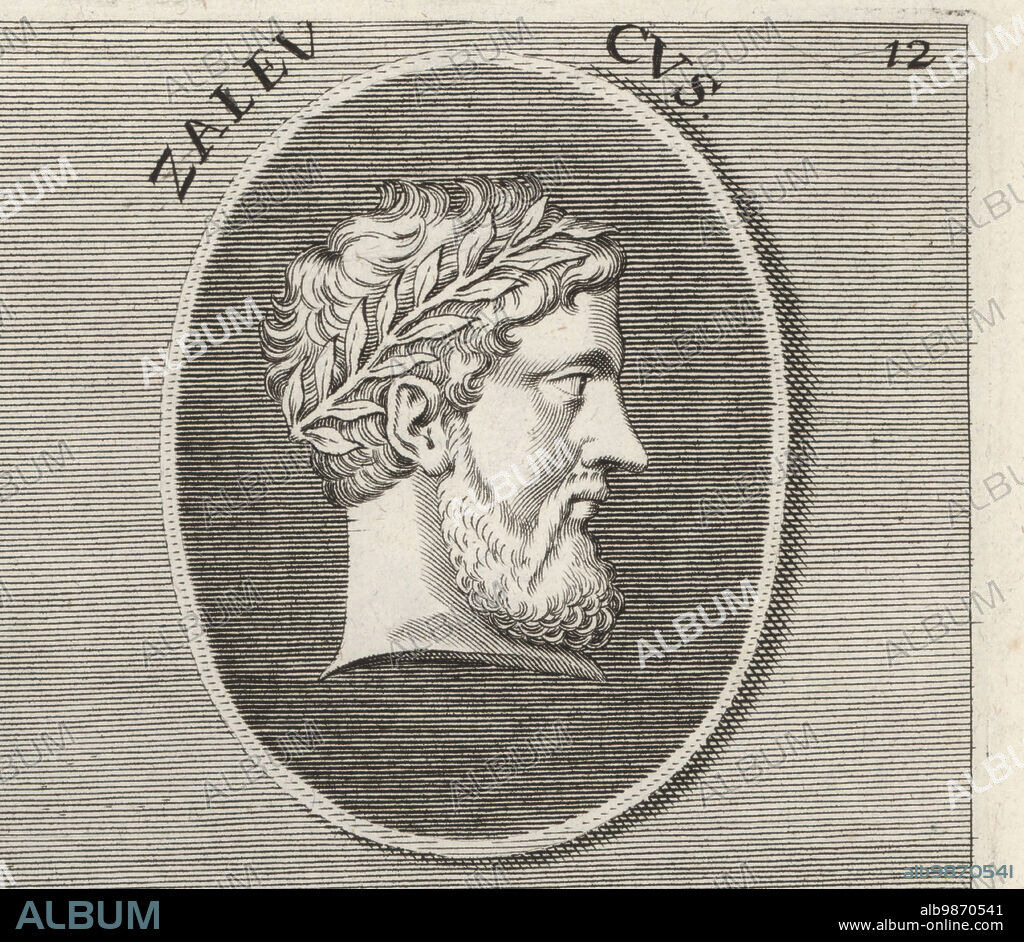 Zaleucus, Greek lawgiver of Epizephyrian Locris in Italy, 7th century BC. Devised the Locrian code. Copperplate engraving after an illustration by Joachim von Sandrart from his LAcademia Todesca, della Architectura, Scultura & Pittura, oder Teutsche Academie, der Edlen Bau- Bild- und Mahlerey-Kunste, German Academy of Architecture, Sculpture and Painting, Jacob von Sandrart, Nuremberg, 1675.