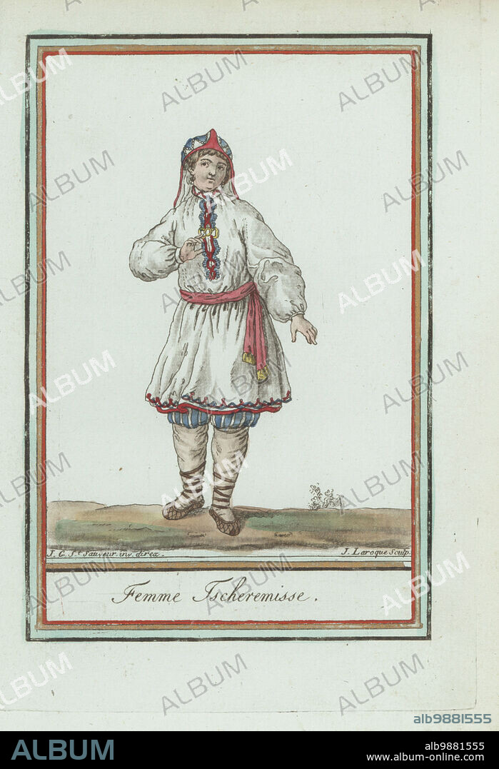 Woman of the Mari people (Cheremisa or Cheremis) of Russia. In bonnet of birch bark covered in cloth with shells, embroidered linen tunic, sash belt, culottes, gaiters and shoes. Femme Tscheremisse. Handcoloured copperplate engraving by J. Laroque after a design by Jacques Grasset de Saint-Sauveur from his Encyclopedie des voyages, Encyclopedia of Voyages, Bordeaux, France, 1792.