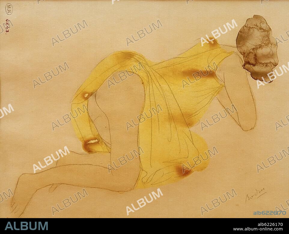Rodin, Auguste; 1840-1917. "Femme étendue sur le côté, le vêtement relevé jusqu'au haut des cuisses" (Auf der Seite liegende Frau, das Kleid über die Schenkel hochgeschoben), um 1900. Graphit und Aquarell auf cremefarbenem Papier mit Wasserzeichen, 24,3 x 32,1 cm. Inv.Nr. D.4643.